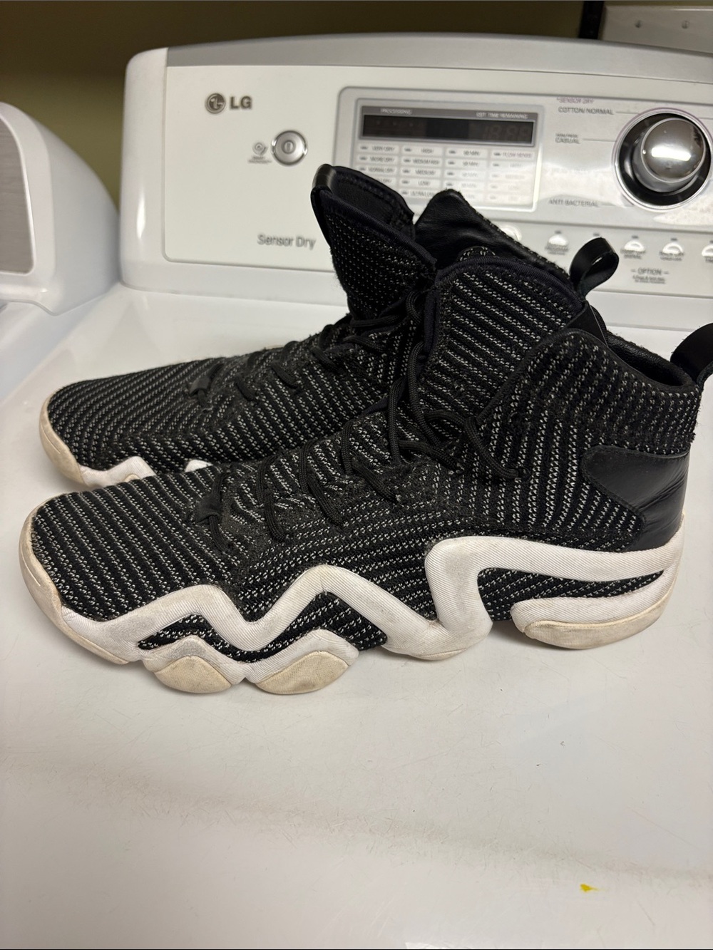 adidas mens Black Knit High-Top Sneakers with White Soles
